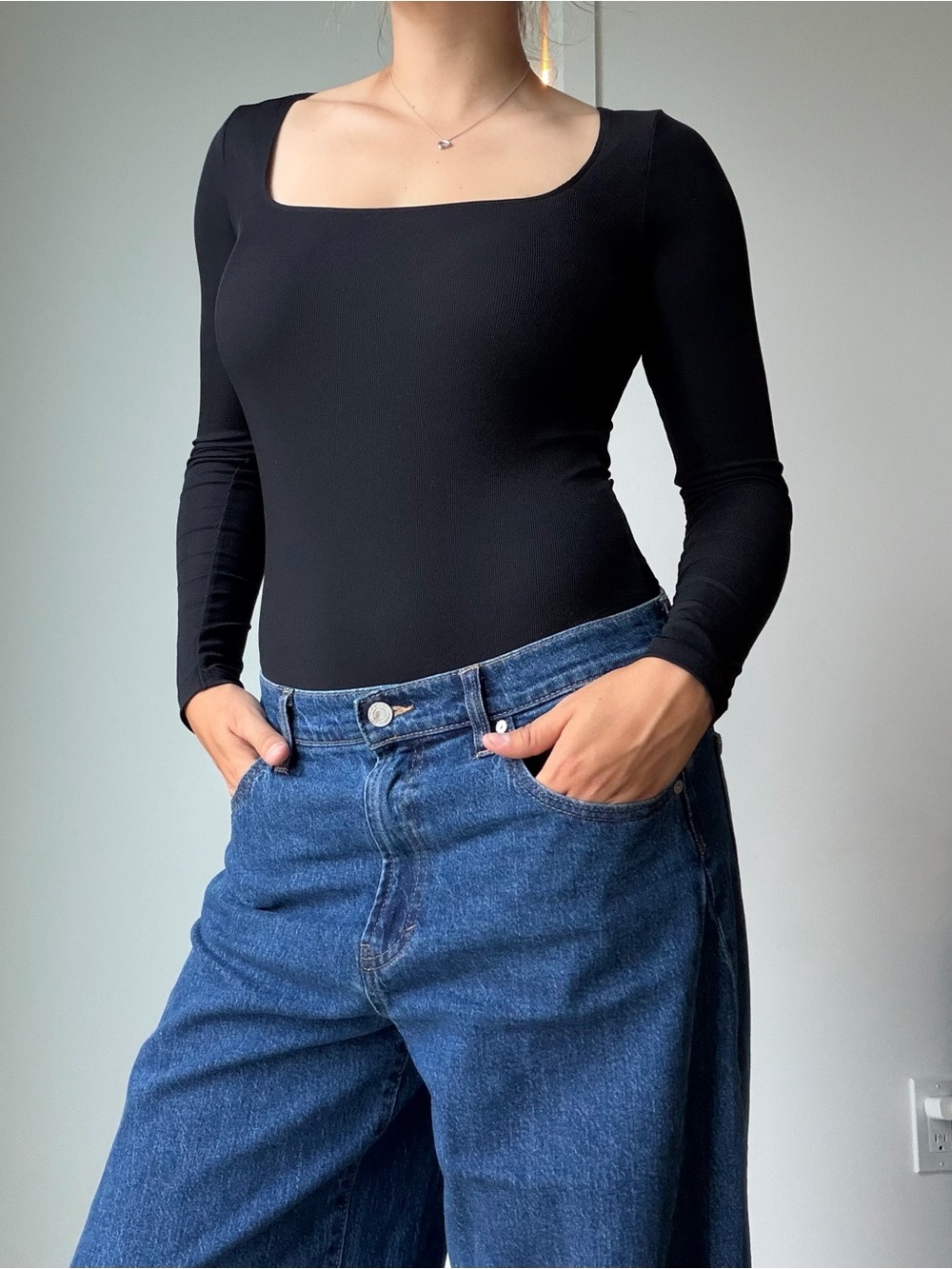 Topshop Black Square-Neck Long Sleeve Bodysuit